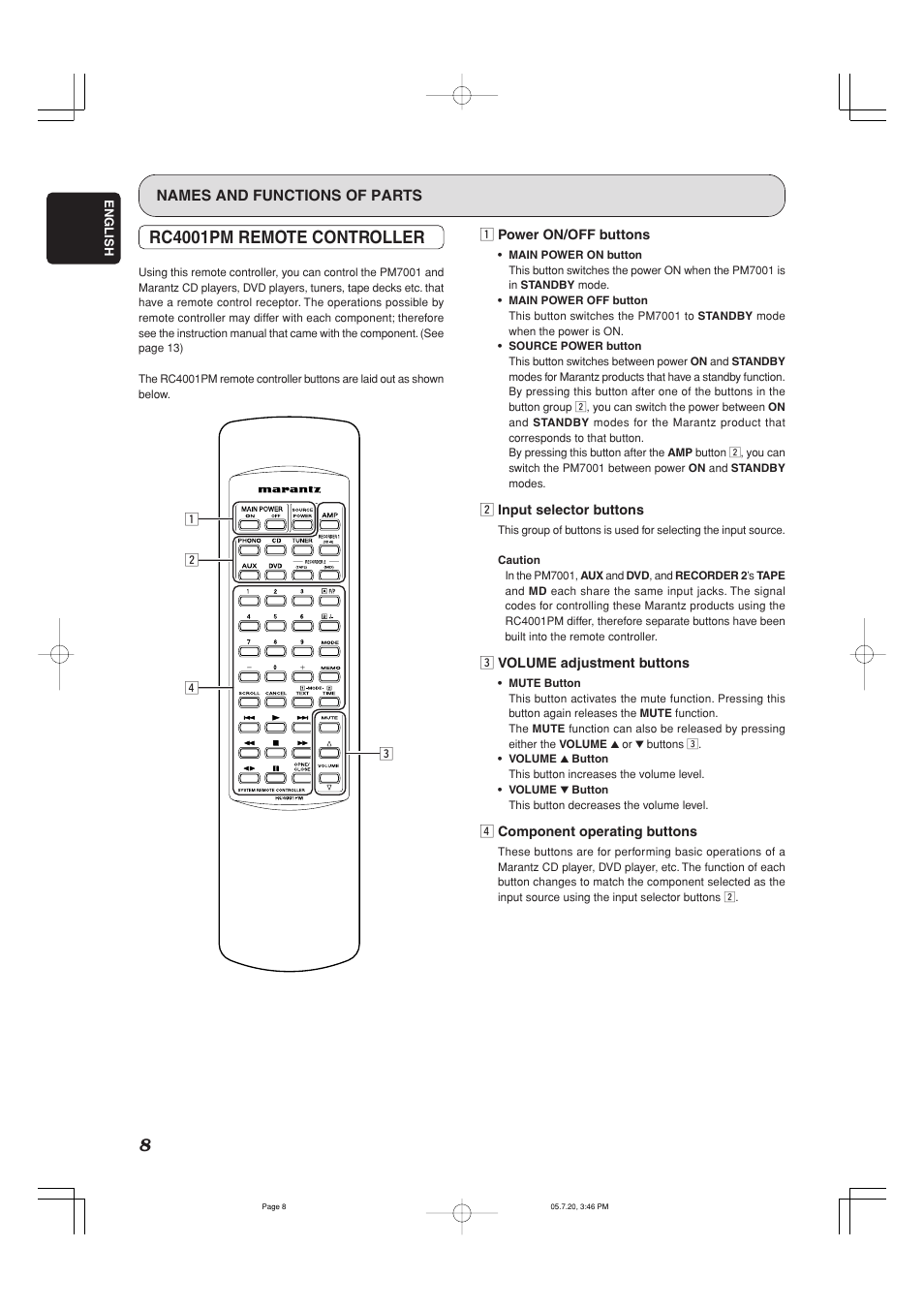 Rc4001pm remote controller | Marantz PM7001 User Manual | Page 13 / 21