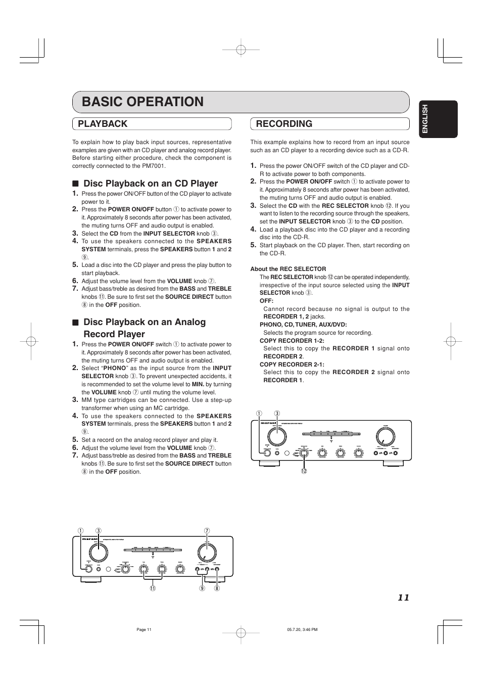 Basic operation, Playback, 77 disc playback on an cd player | 77 disc playback on an analog record player, Recording | Marantz PM7001 User Manual | Page 16 / 21