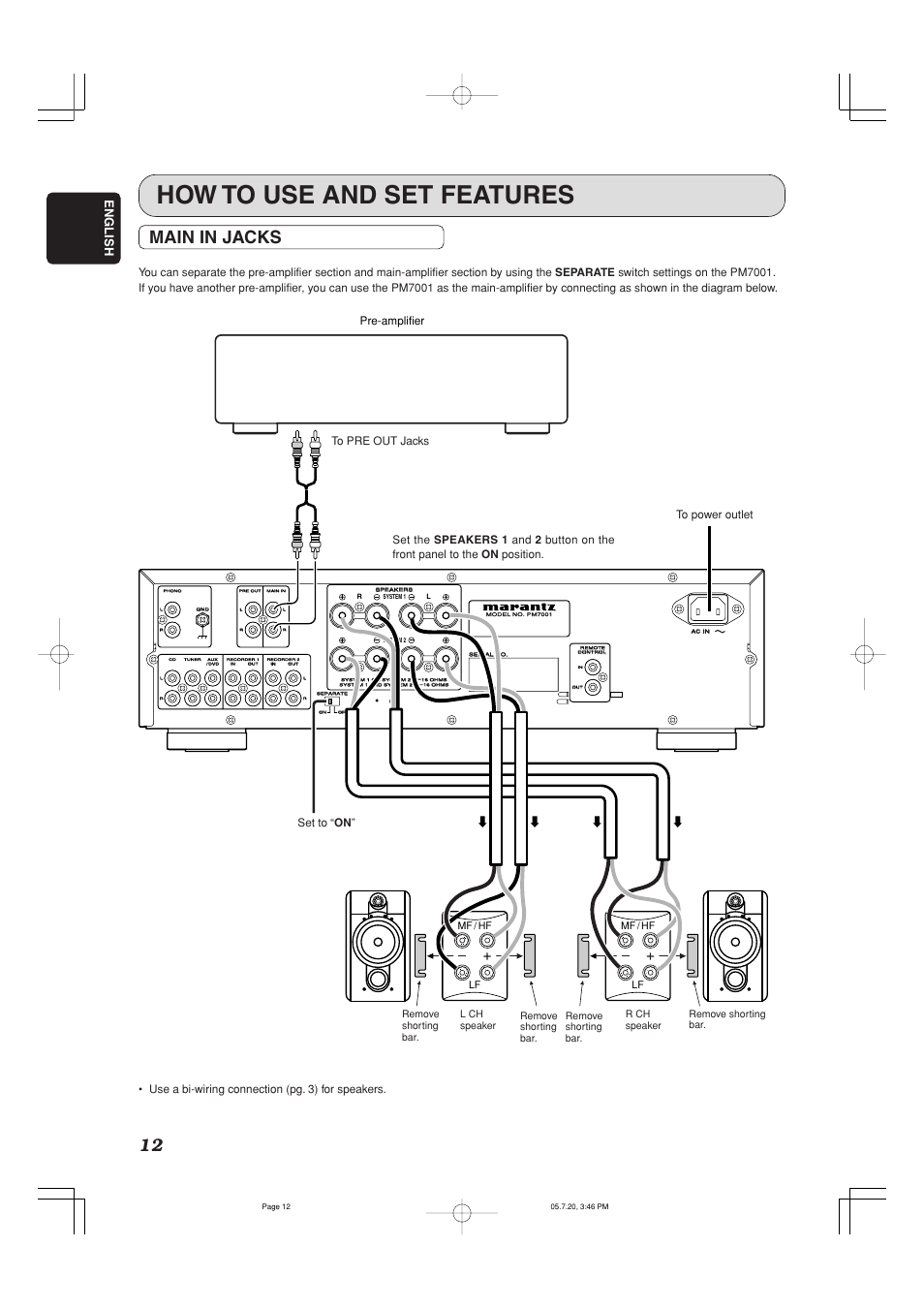 How to use and set features, Main in jacks, English | Mf / hf lf mf / hf lf | Marantz PM7001 User Manual | Page 17 / 21