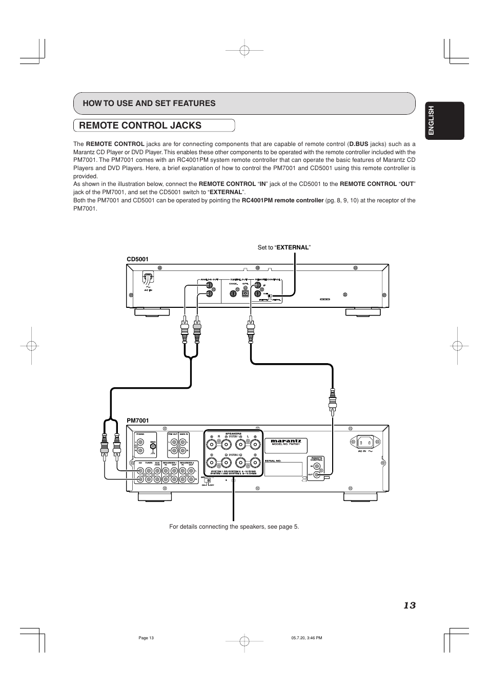 Remote control jacks, How to use and set features, English | Marantz PM7001 User Manual | Page 18 / 21