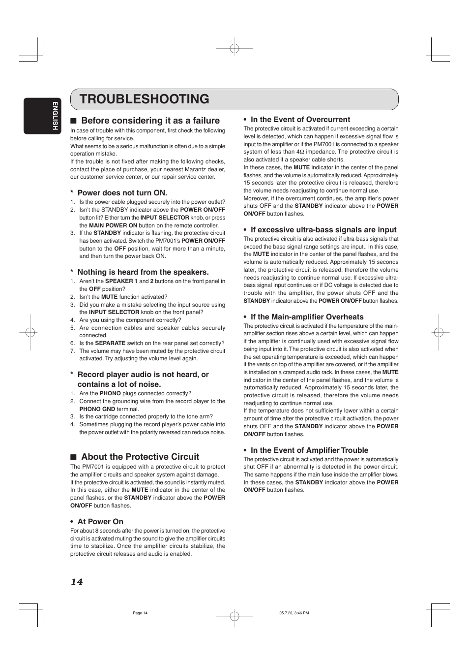 Troubleshooting, 77 before considering it as a failure, 77 about the protective circuit | Marantz PM7001 User Manual | Page 19 / 21