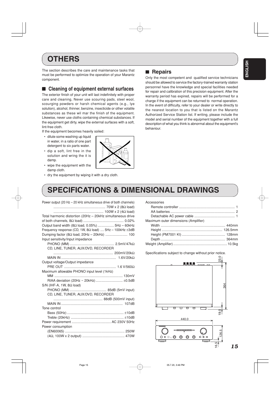 Others, Specifications & dimensional drawings, 77 cleaning of equipment external surfaces | 77 repairs | Marantz PM7001 User Manual | Page 20 / 21