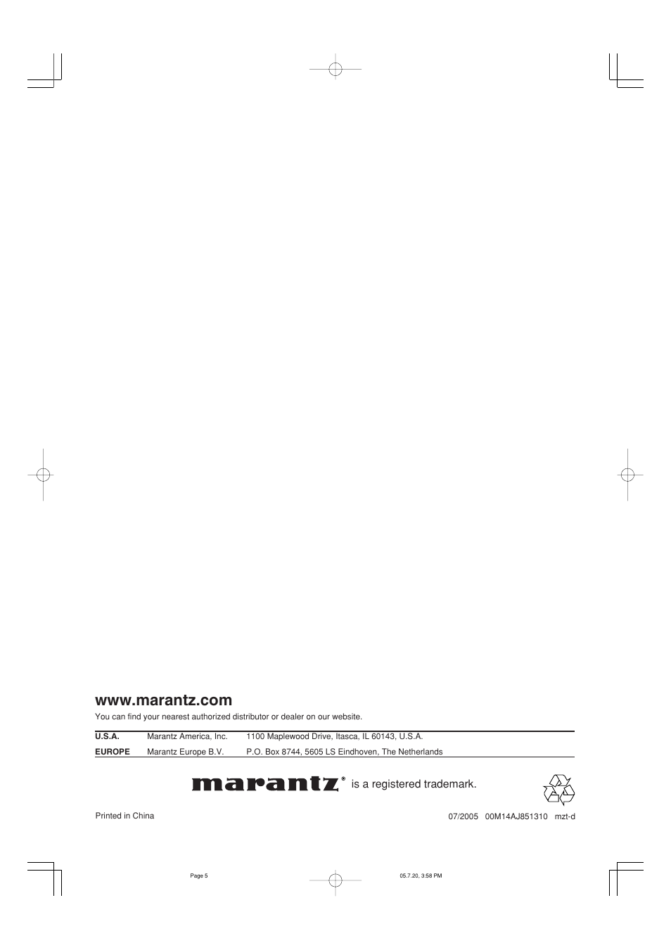 Is a registered trademark | Marantz PM7001 User Manual | Page 21 / 21
