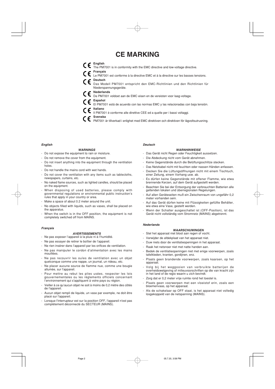 Ce marking | Marantz PM7001 User Manual | Page 3 / 21