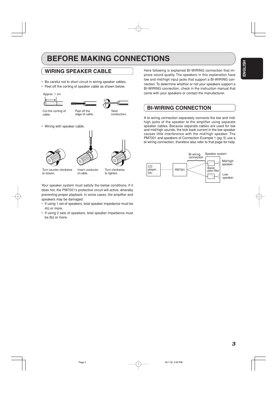 Before making connections, Wiring speaker cable, Bi-wiring connection | Marantz PM7001 User Manual | Page 8 / 21