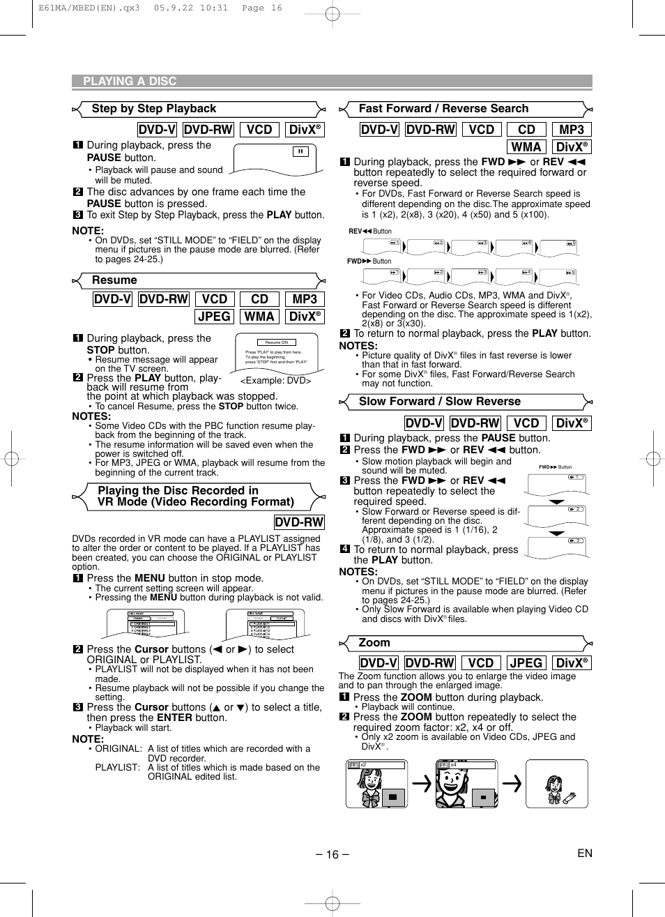 Divx, Wma mp3 cd vcd dvd-rw dvd-v, Vcd dvd-rw dvd-v | Jpeg vcd dvd-rw dvd-v, Wma jpeg mp3 cd vcd dvd-rw dvd-v, Dvd-rw | Marantz DV4610 User Manual | Page 16 / 30