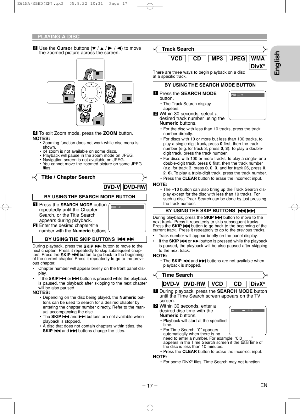English, Dvd-rw dvd-v, Divx | Cd vcd dvd-rw dvd-v, Wma jpeg mp3 cd vcd | Marantz DV4610 User Manual | Page 17 / 30