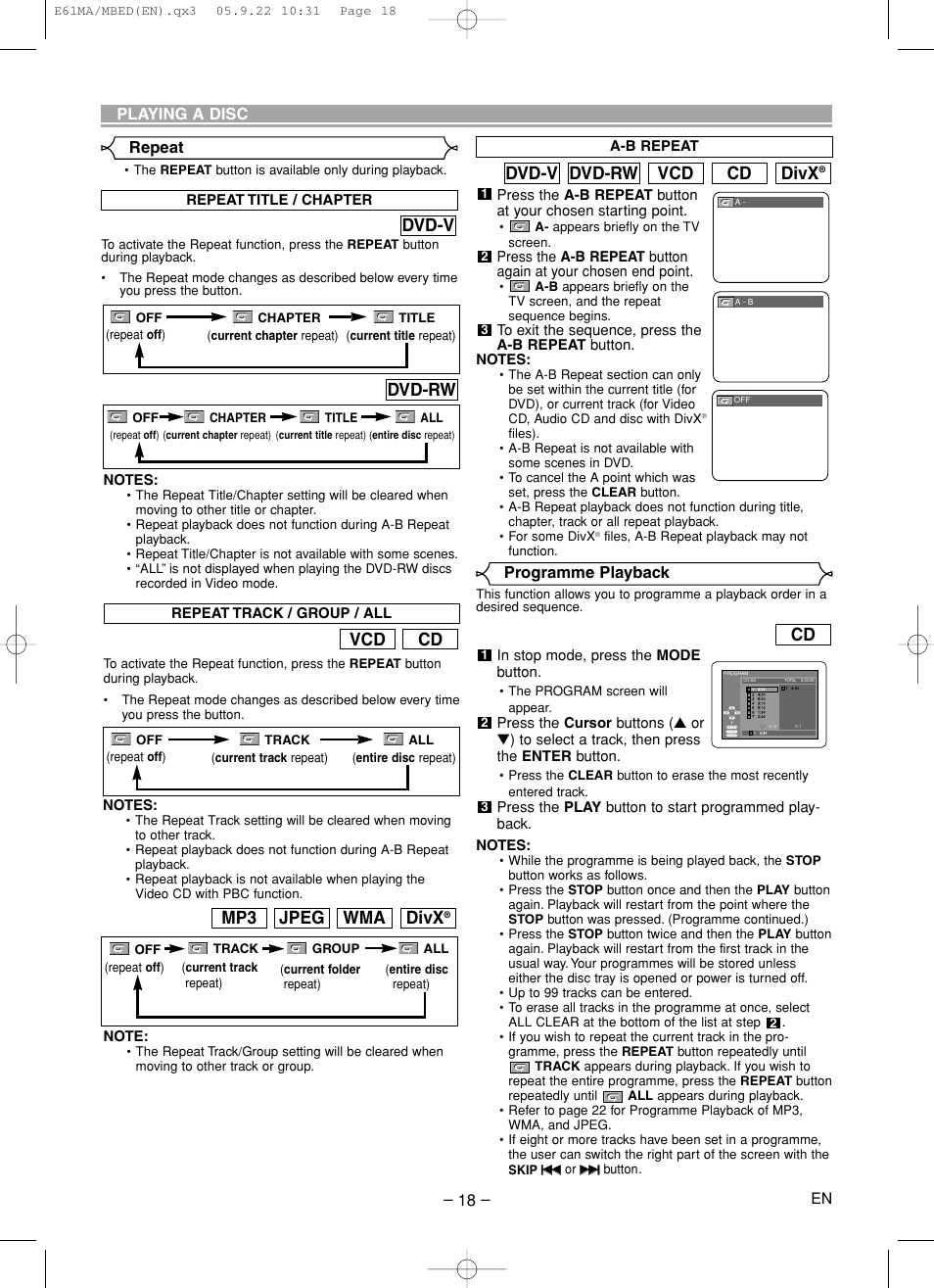 Divx, Cd vcd dvd-rw dvd-v, Cd vcd | Wma jpeg mp3, Dvd-v, Dvd-rw | Marantz DV4610 User Manual | Page 18 / 30