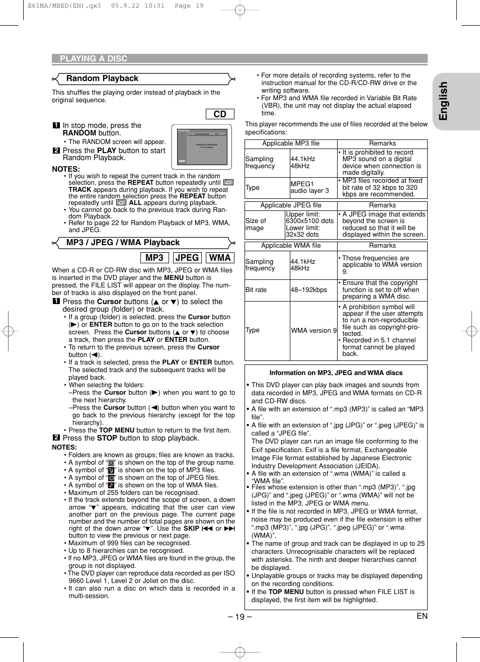 English, Wma jpeg mp3 | Marantz DV4610 User Manual | Page 19 / 30