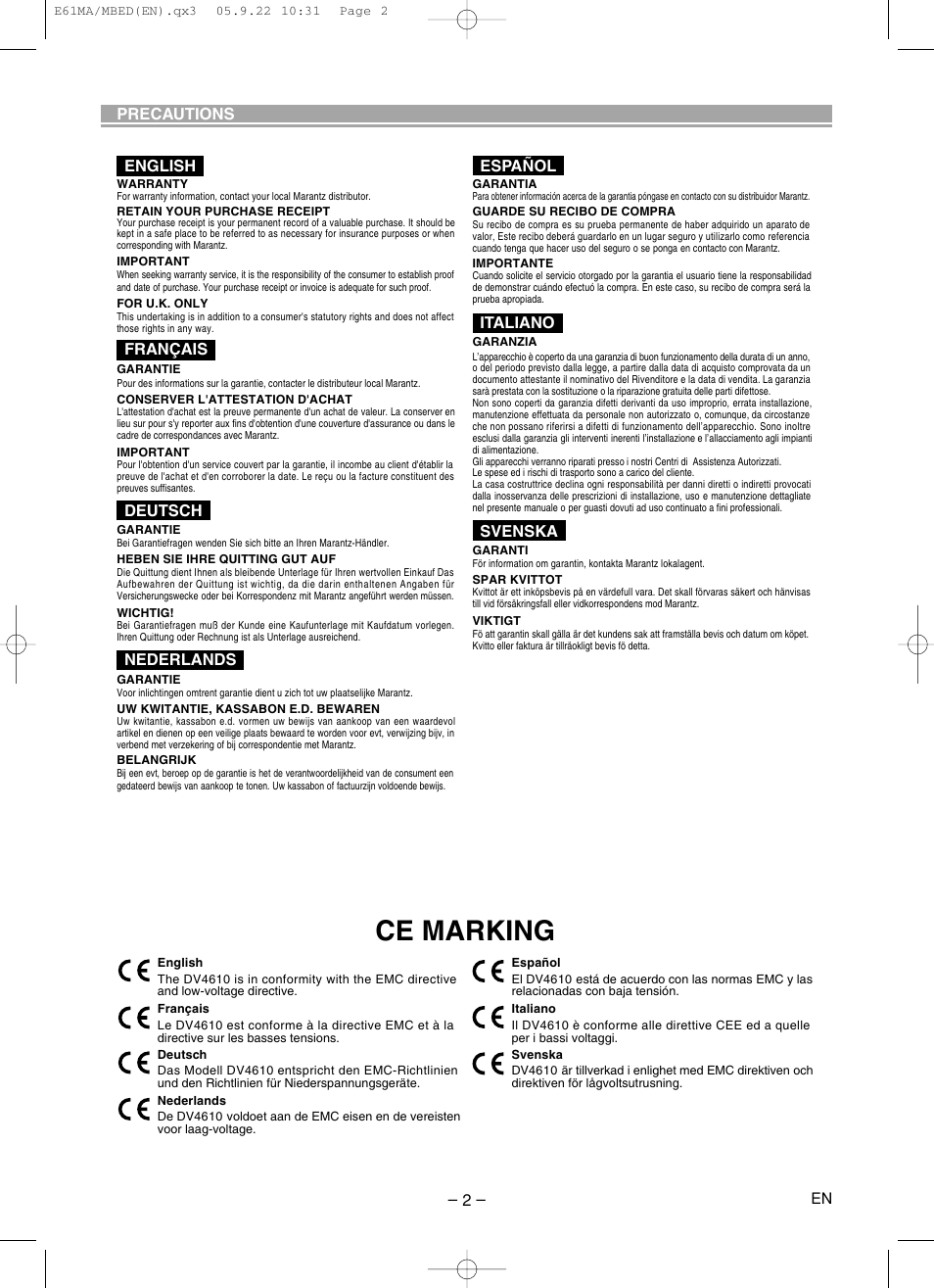 Ce marking | Marantz DV4610 User Manual | Page 2 / 30