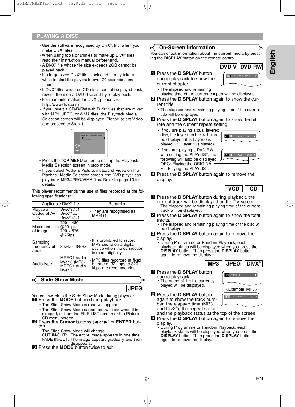 English, Jpeg, Dvd-rw dvd-v | Cd vcd, Divx, Jpeg mp3, Playing a disc, On-screen information slide show mode | Marantz DV4610 User Manual | Page 21 / 30