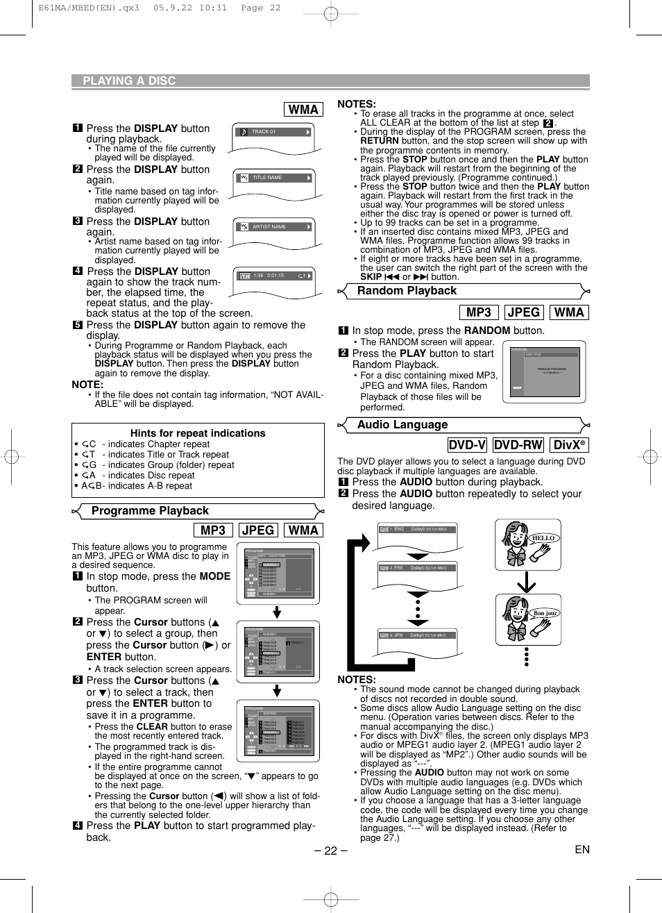Wma jpeg mp3, Divx, Dvd-rw dvd-v | Random playback, Audio language, Programme playback, Playing a disc, Press the display button during playback, Press the display button again, En hints for repeat indications | Marantz DV4610 User Manual | Page 22 / 30