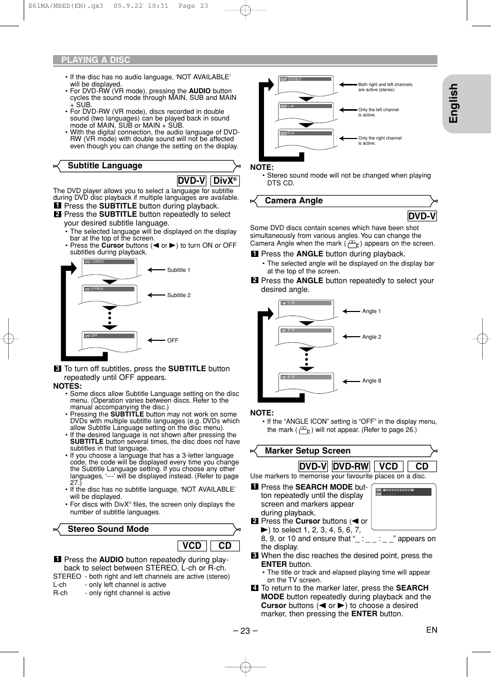 English, Divx, Dvd-v | Cd vcd, Cd vcd dvd-rw dvd-v | Marantz DV4610 User Manual | Page 23 / 30