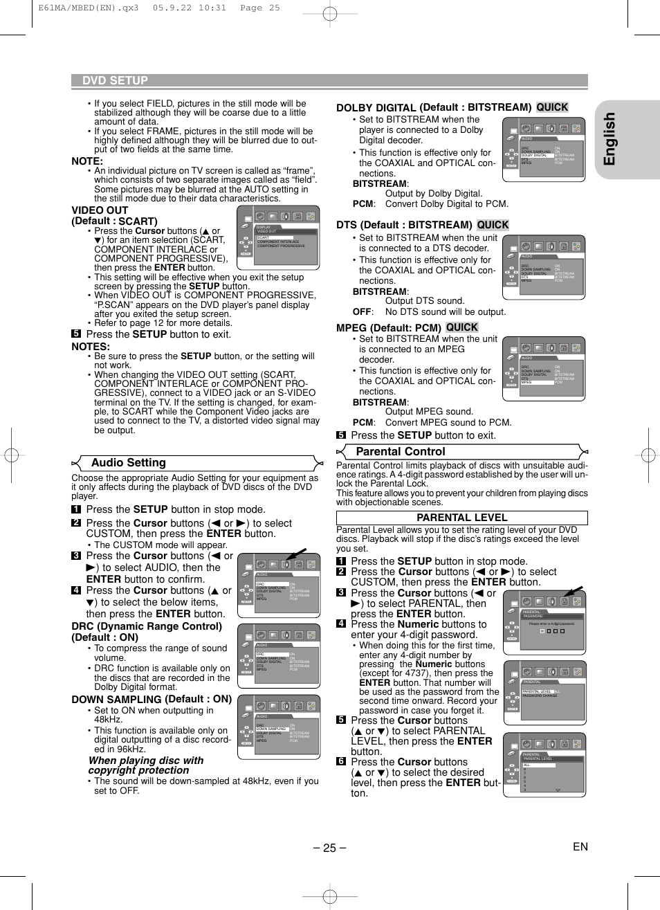 English, Dvd setup, Audio setting | Parental control, Dolby digital (default : bitstream), Dts (default : bitstream), Mpeg (default: pcm), Press the setup button to exit, Quick, Video out (default : scart) | Marantz DV4610 User Manual | Page 25 / 30