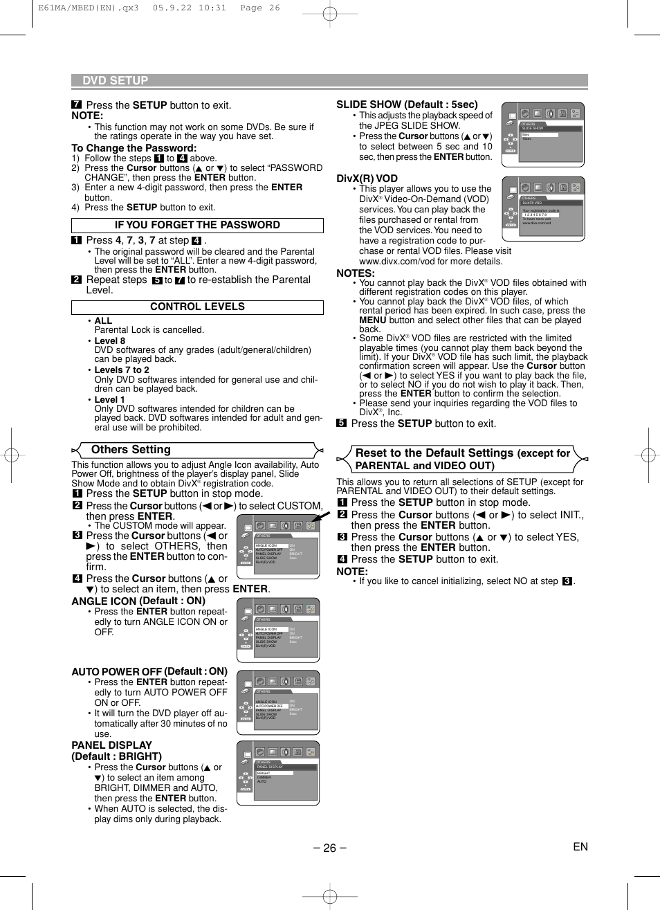Others setting, Reset to the default settings, Dvd setup | Marantz DV4610 User Manual | Page 26 / 30