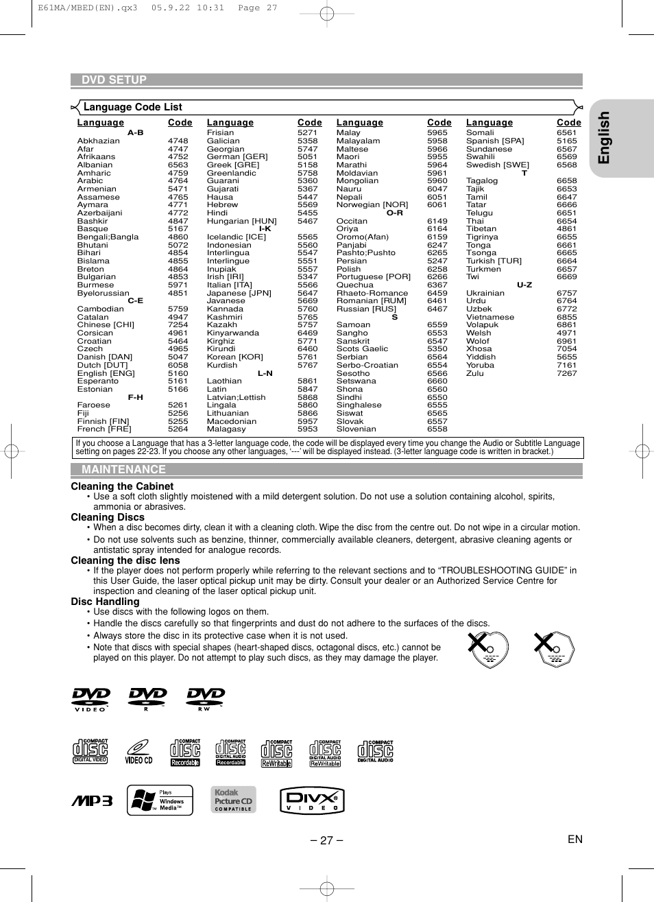 English, Dvd setup, Maintenance | Cleaning the cabinet, Cleaning discs, Cleaning the disc lens, Disc handling, Anguage code list | Marantz DV4610 User Manual | Page 27 / 30