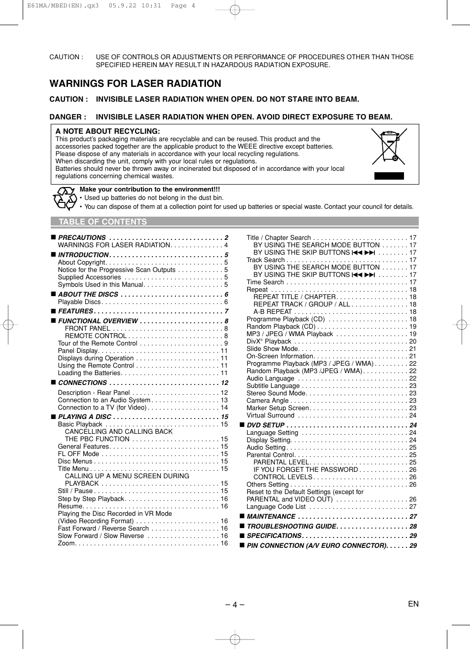 Warnings for laser radiation | Marantz DV4610 User Manual | Page 4 / 30