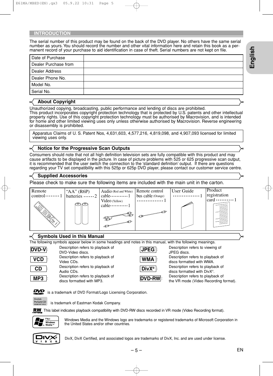 English, Mp3 cd vcd dvd-v, Dvd-rw divx | Wma jpeg | Marantz DV4610 User Manual | Page 5 / 30