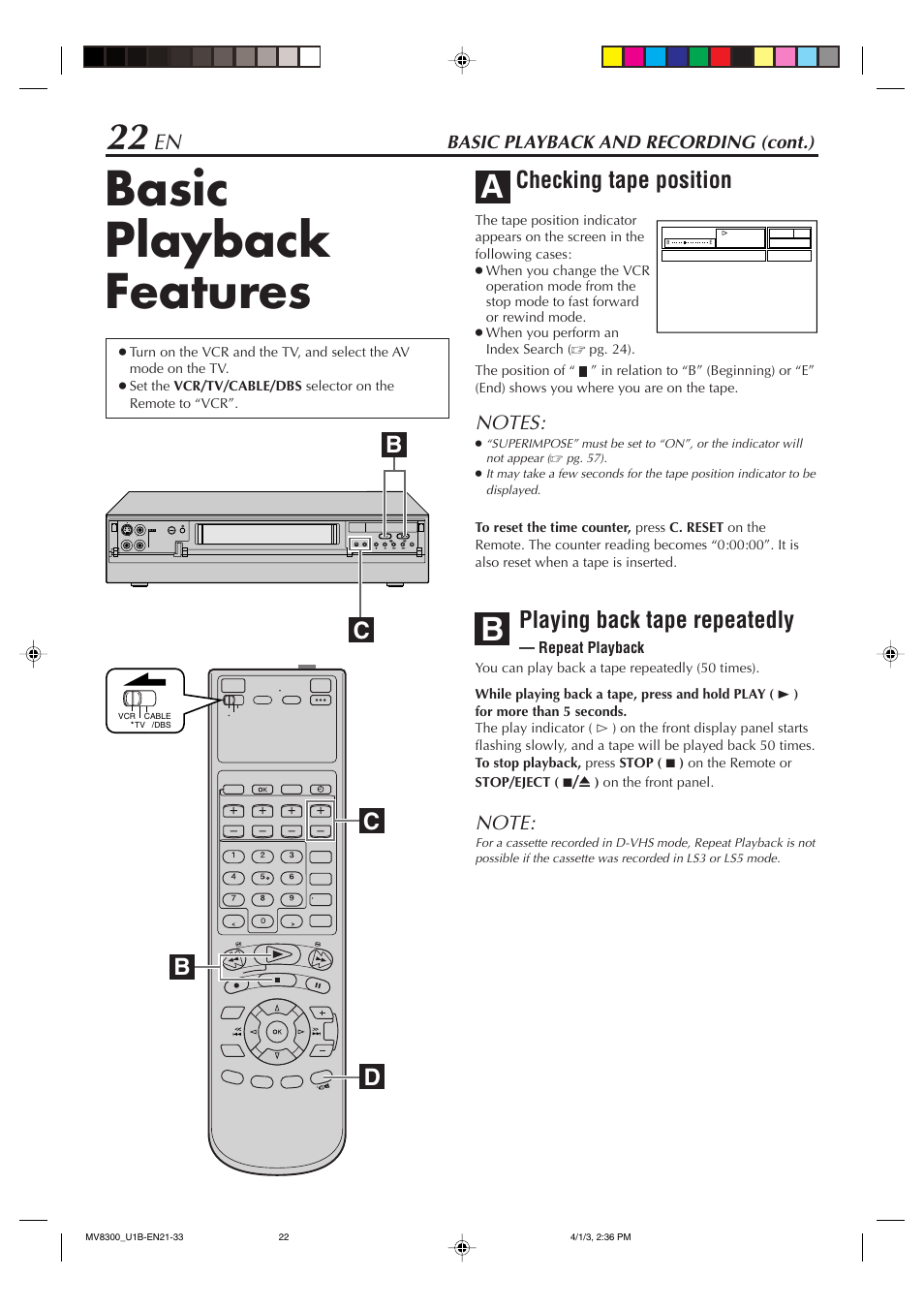 Basic playback features, Checking tape position, Playing back tape repeatedly | Dc b | Marantz MV8300 User Manual | Page 22 / 88