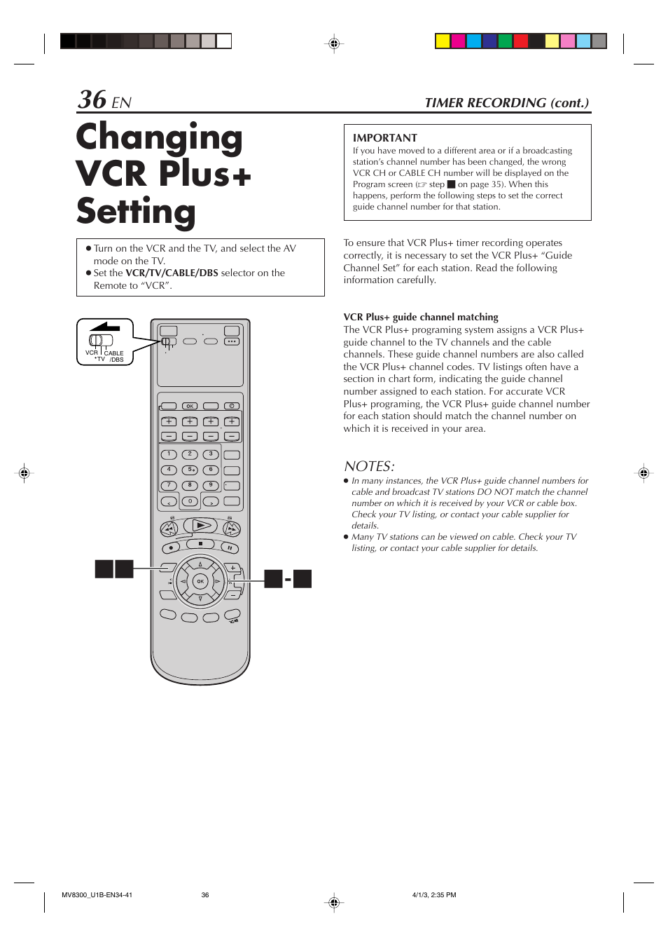 Changing vcr plus+ setting | Marantz MV8300 User Manual | Page 36 / 88