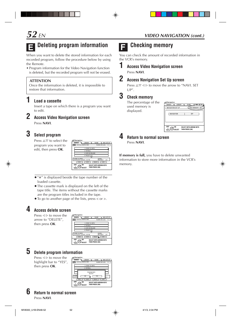 Deleting program information, Video navigation (cont.), Load a cassette | Access video navigation screen, Select program, Access delete screen, Delete program information, Return to normal screen, Access navigation set up screen, Attention | Marantz MV8300 User Manual | Page 52 / 88