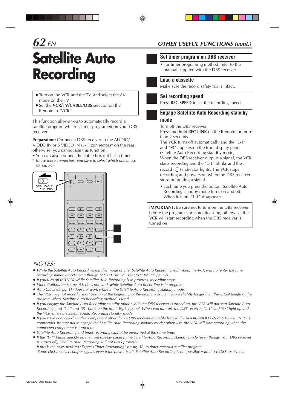 Satellite auto recording, Other useful functions (cont.) | Marantz MV8300 User Manual | Page 62 / 88
