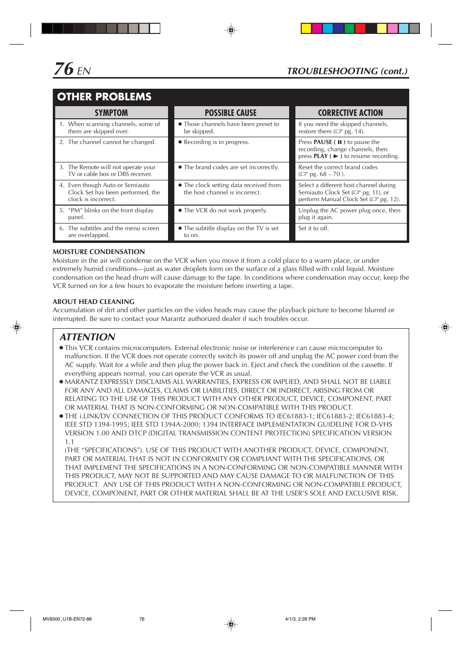 Attention, Other problems, Troubleshooting (cont.) | Marantz MV8300 User Manual | Page 76 / 88