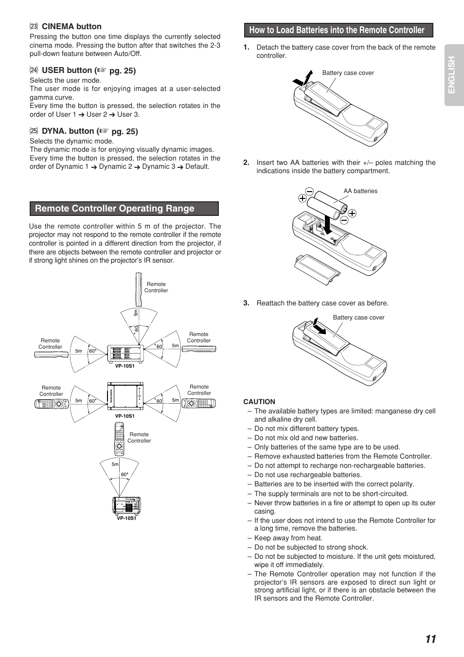 Remote controller operating range, How to load batteries into the remote controller | Marantz Model VP-10S1 User Manual | Page 13 / 47