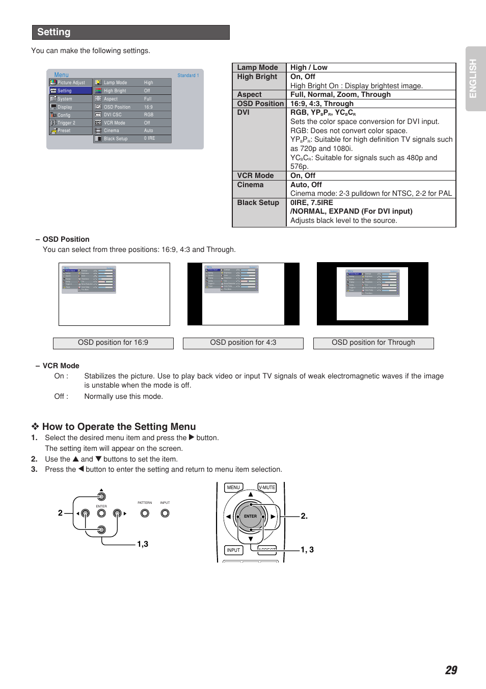 How to operate the setting menu, Setting, English | Select the desired menu item and press the, Button. the setting item will appear on the screen, Use the, Buttons to set the item, Press the, Menu | Marantz Model VP-10S1 User Manual | Page 31 / 47