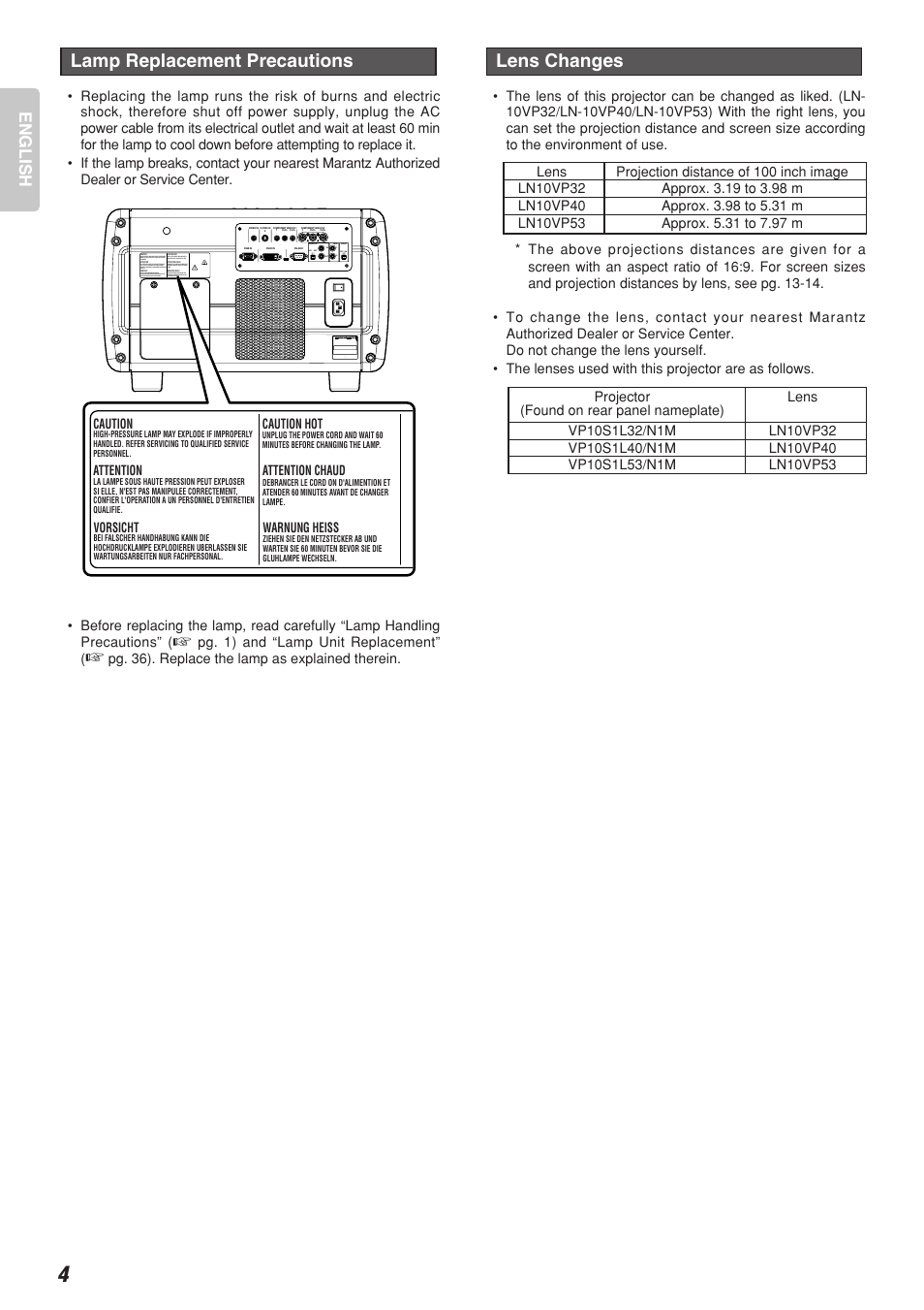 Lens changes, Lamp replacement precautions, English | Pg. 1) and “lamp unit replacement, Ext. int, Off on | Marantz Model VP-10S1 User Manual | Page 6 / 47