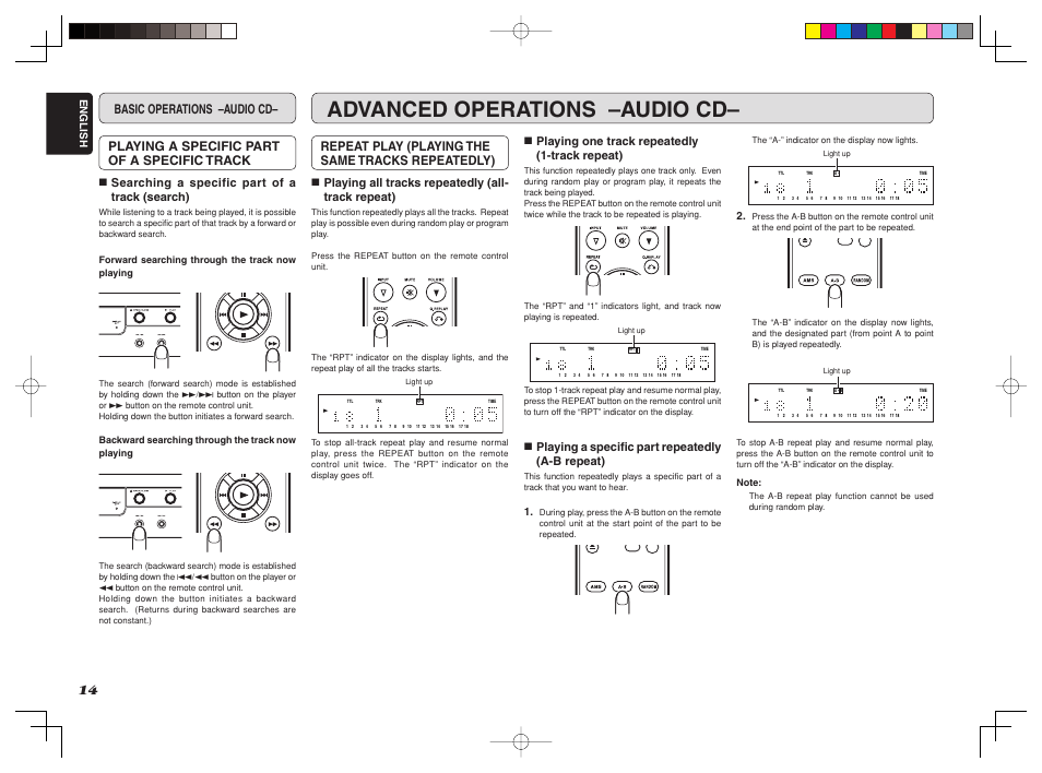 Advanced operations –audio cd, Repeat play (playing the same tracks repeatedly), 7 searching a specific part of a track (search) | 7 playing one track repeatedly (1-track repeat), 7 playing a specifi c part repeatedly (a-b repeat) | Marantz CD6002 User Manual | Page 17 / 34