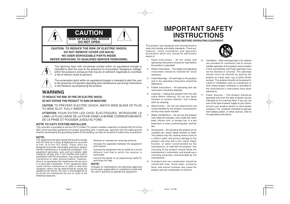 Important safety instructions, Caution, Warning | Marantz SR4600 User Manual | Page 2 / 41