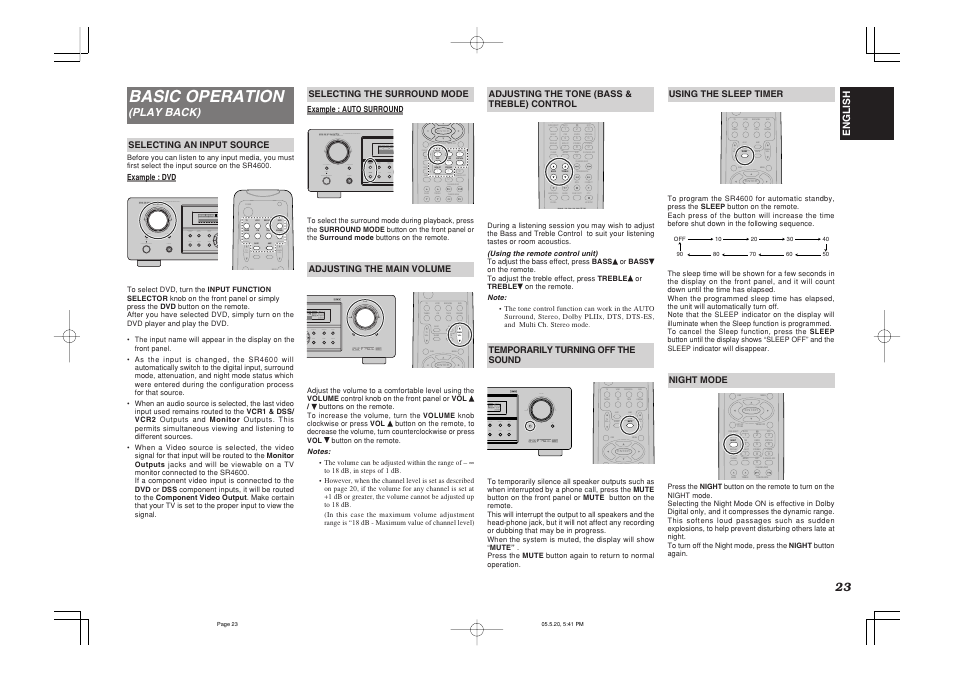 Basic operation, T.tone menu off set up, Aux1 | Marantz SR4600 User Manual | Page 26 / 41