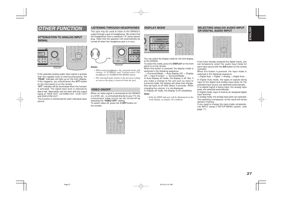 Other function, T.tone menu off | Marantz SR4600 User Manual | Page 30 / 41