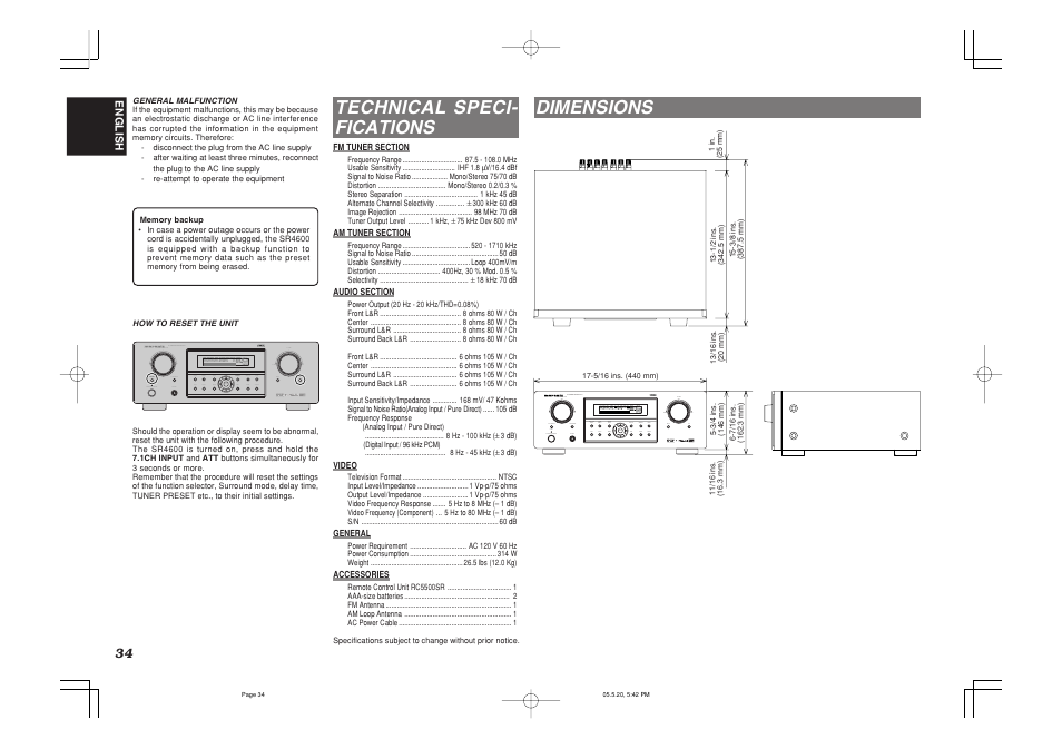 Technical speci- fications, Dimensions | Marantz SR4600 User Manual | Page 37 / 41