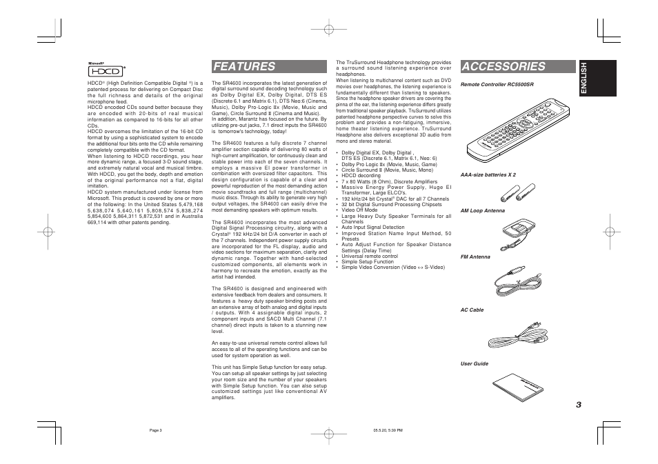 Features, Accessories, Vol. main vol.tv | Marantz SR4600 User Manual | Page 6 / 41