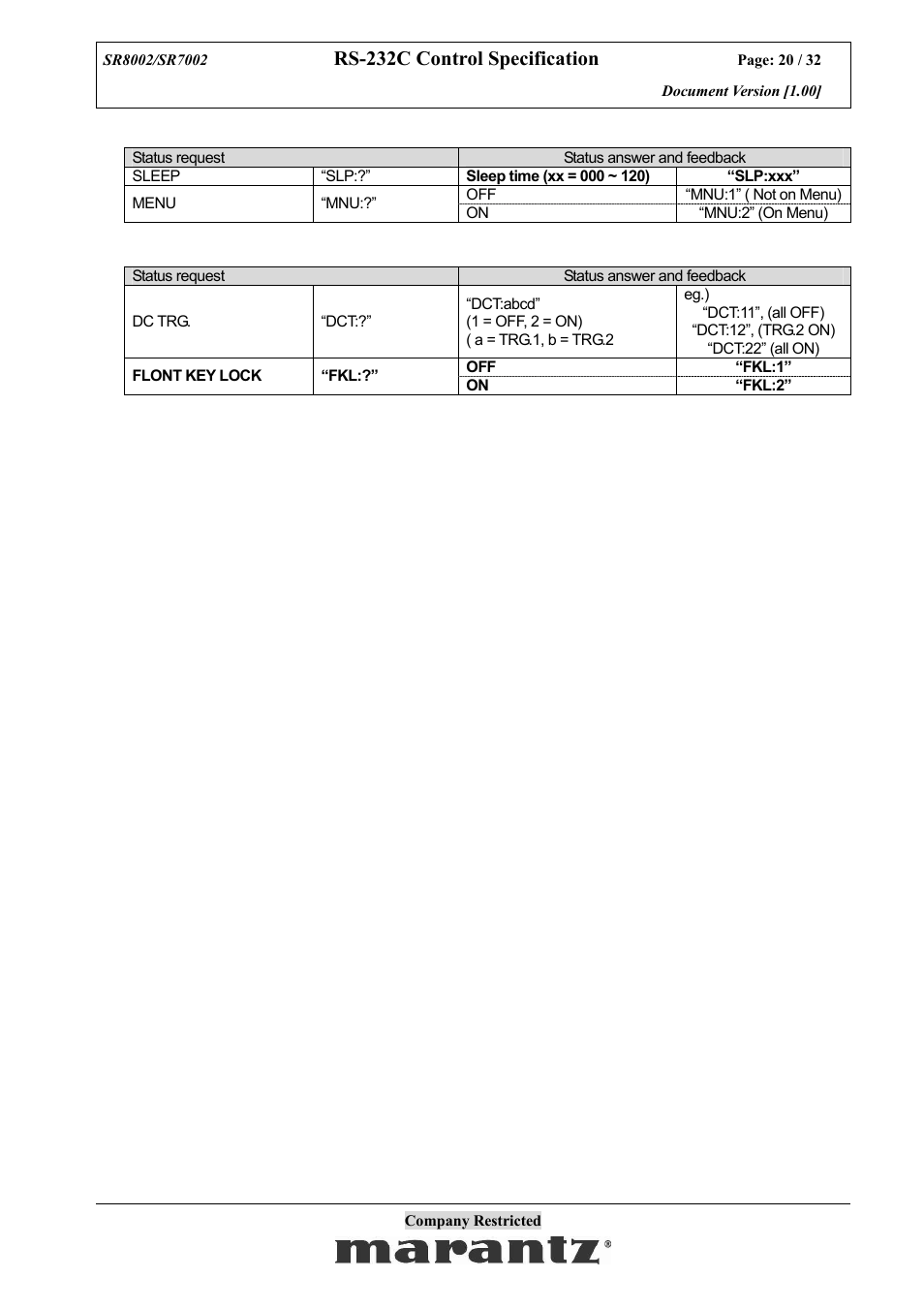 Rs-232c control specification | Marantz SR7002 User Manual | Page 20 / 32