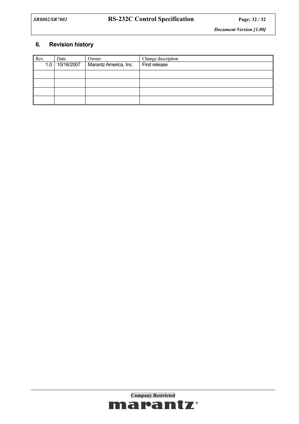 Rs-232c control specification | Marantz SR7002 User Manual | Page 32 / 32