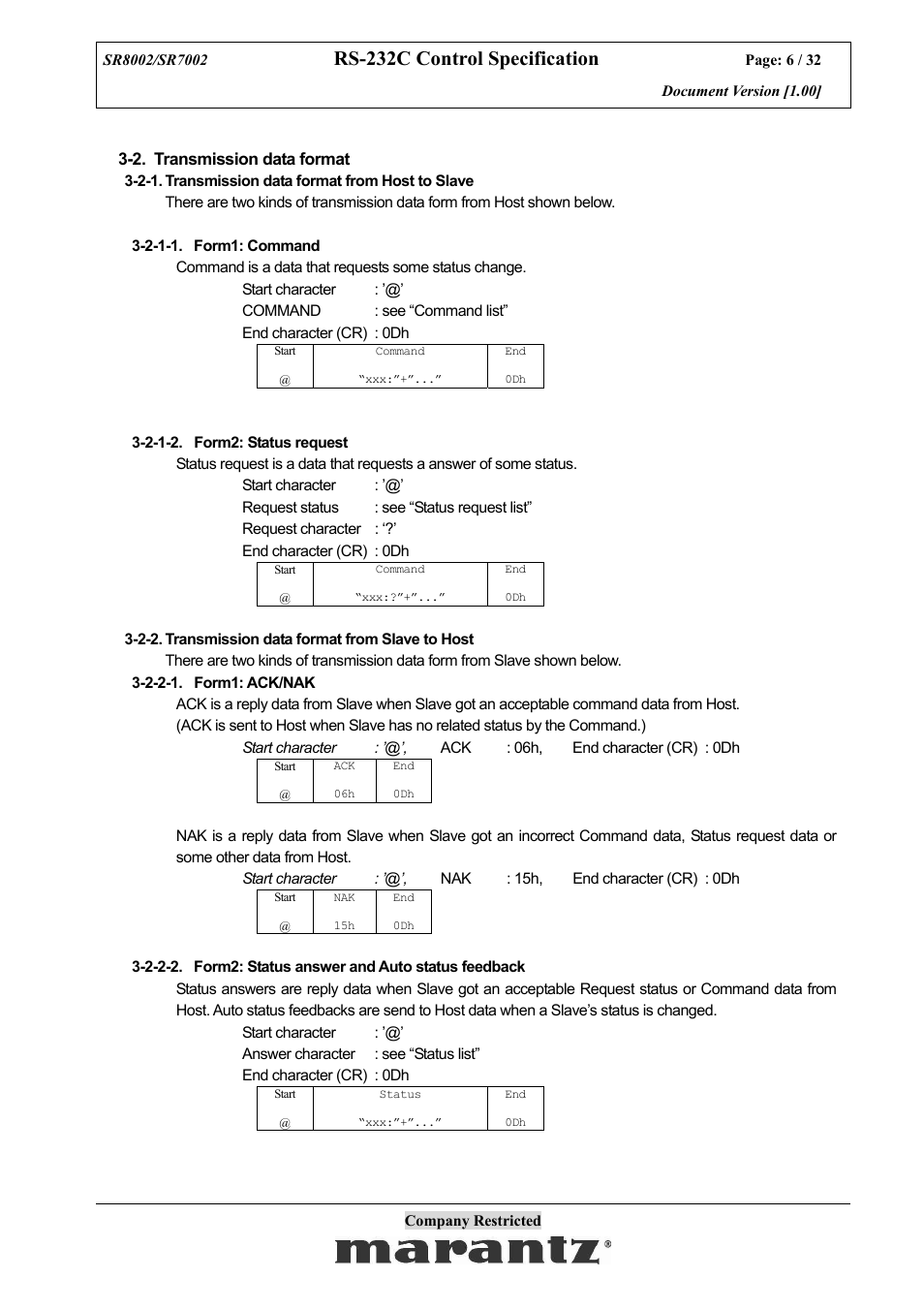 Rs-232c control specification | Marantz SR7002 User Manual | Page 6 / 32