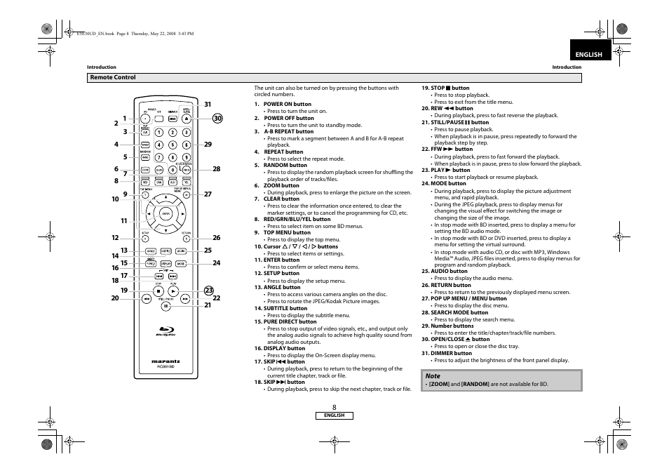 Remote control | Marantz BD8002 User Manual | Page 11 / 44