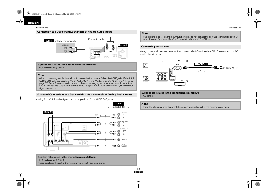 Inputs, Of analog audio inputs, Connecting the ac cord | Marantz BD8002 User Manual | Page 16 / 44