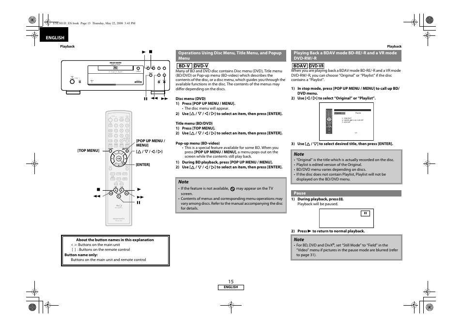 Operations using disc menu, title menu, and, Popup menu, Playing back a bdav mode bd-re/-r and a vr mode | Dvd-rw/-r, Pause | Marantz BD8002 User Manual | Page 18 / 44