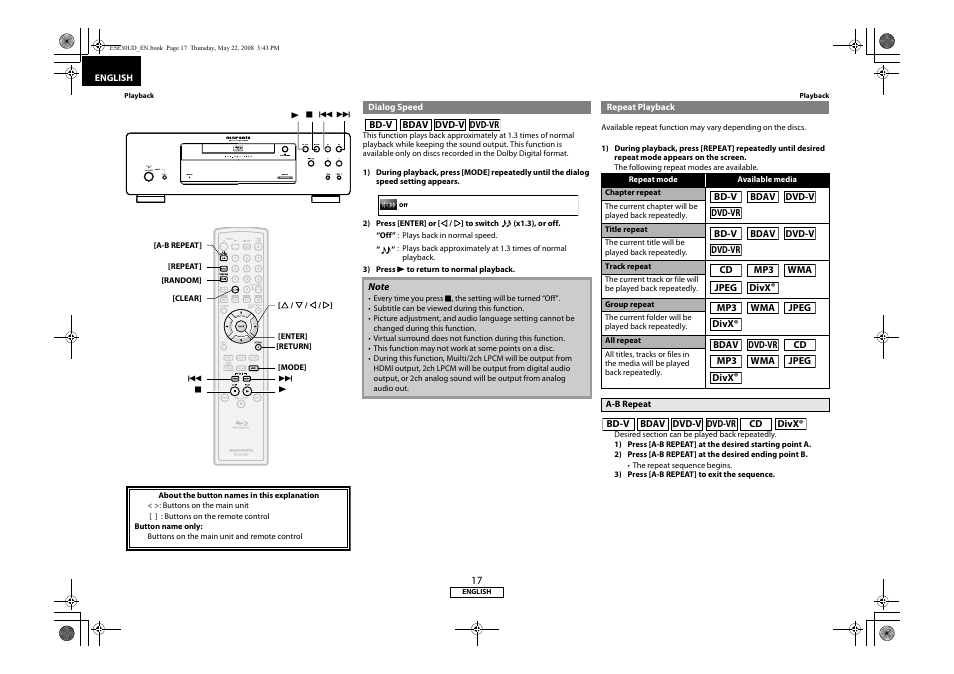 Dialog speed repeat playback, A-b repeat | Marantz BD8002 User Manual | Page 20 / 44