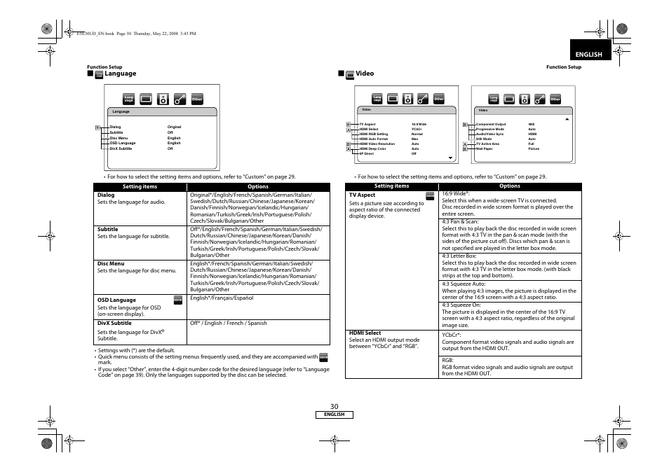 Video” menu, Ge 30.), Language | Video | Marantz BD8002 User Manual | Page 33 / 44