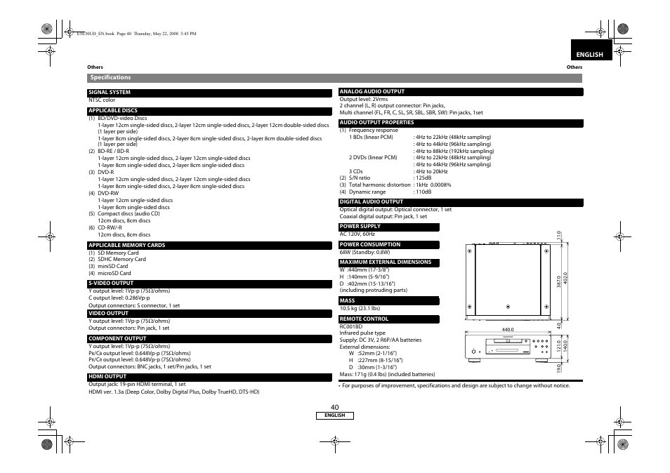 Specifications | Marantz BD8002 User Manual | Page 43 / 44