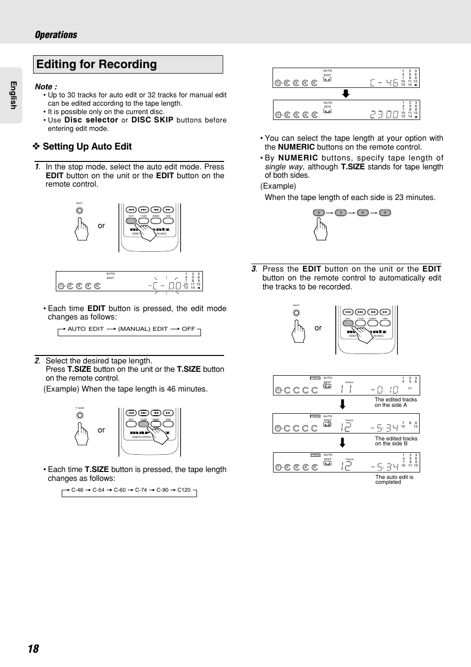 Editing for recording, Operations, Setting up auto edit | English, Disc selector, Disc skip, Buttons before entering edit mode | Marantz CC4300 User Manual | Page 22 / 34