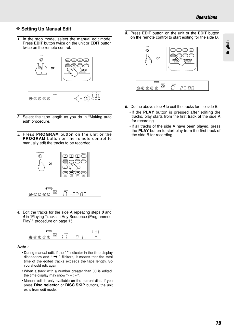 Setting up manual edit, Operations, English | Disc selector, Disc skip | Marantz CC4300 User Manual | Page 23 / 34