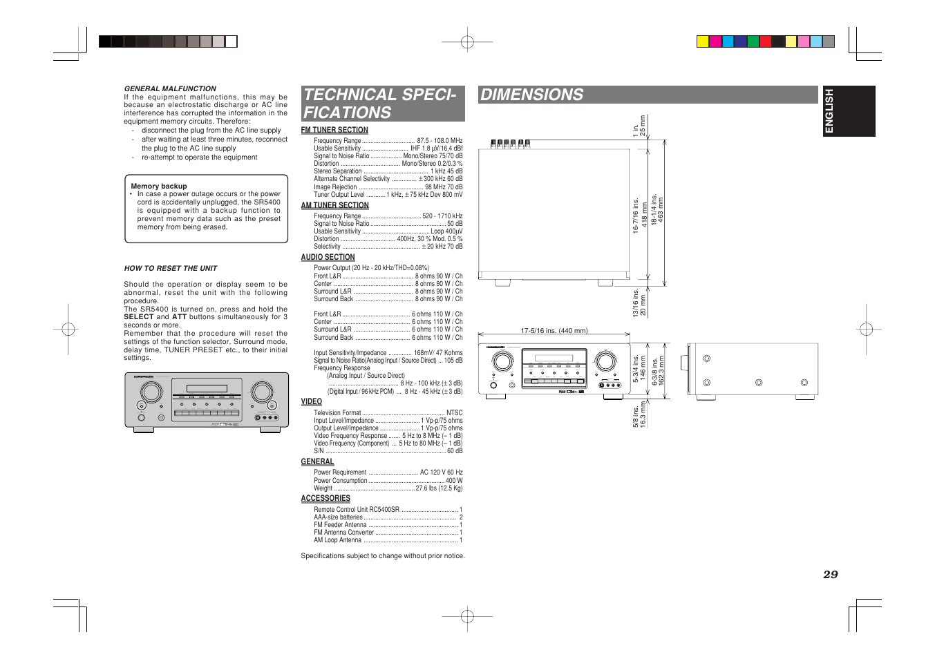 Technical speci- fications, Dimensions | Marantz SR5400U User Manual | Page 32 / 36