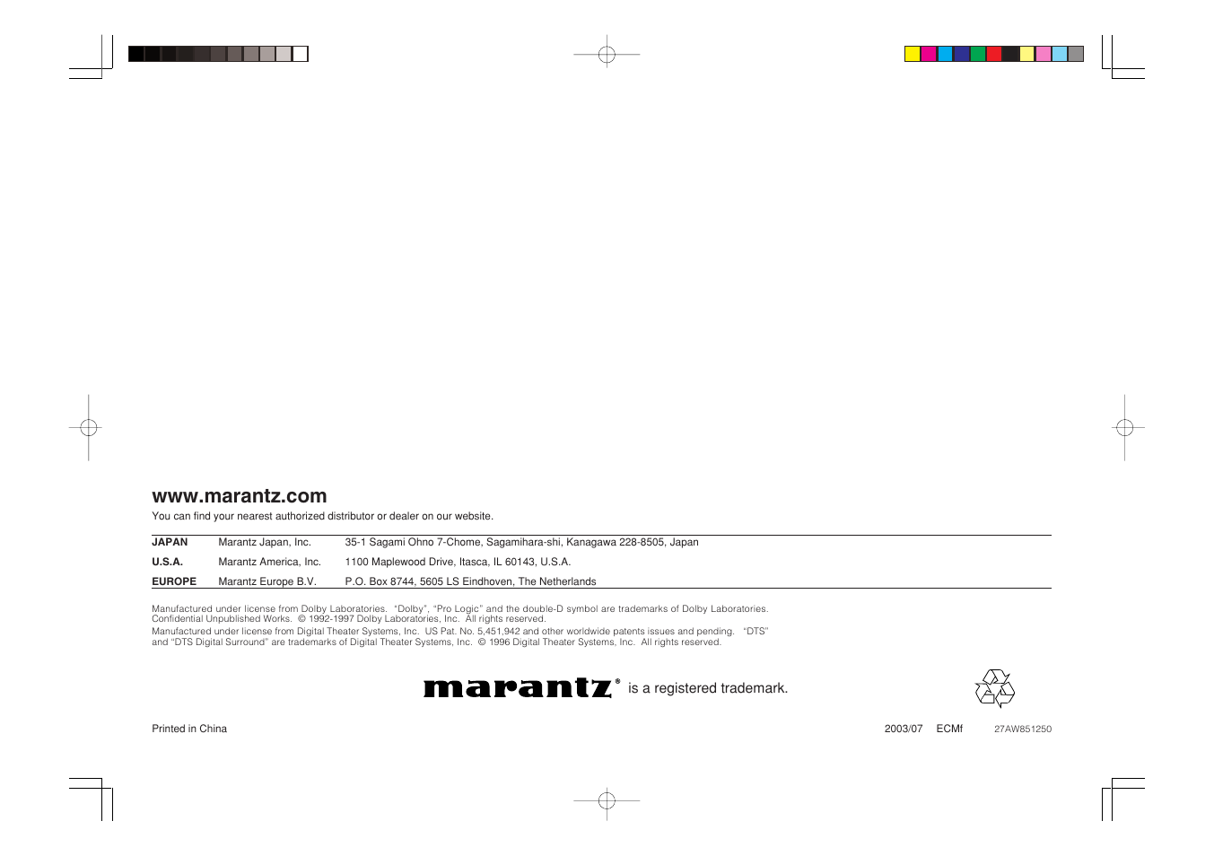 Marantz SR5400U User Manual | Page 36 / 36