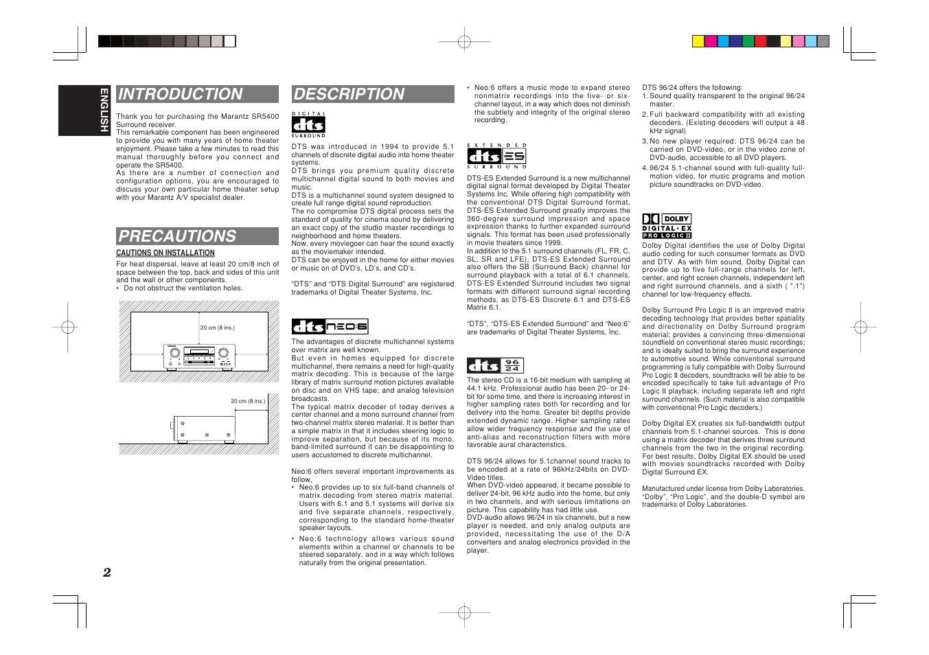 Introduction, Precautions, Description | Marantz SR5400U User Manual | Page 5 / 36